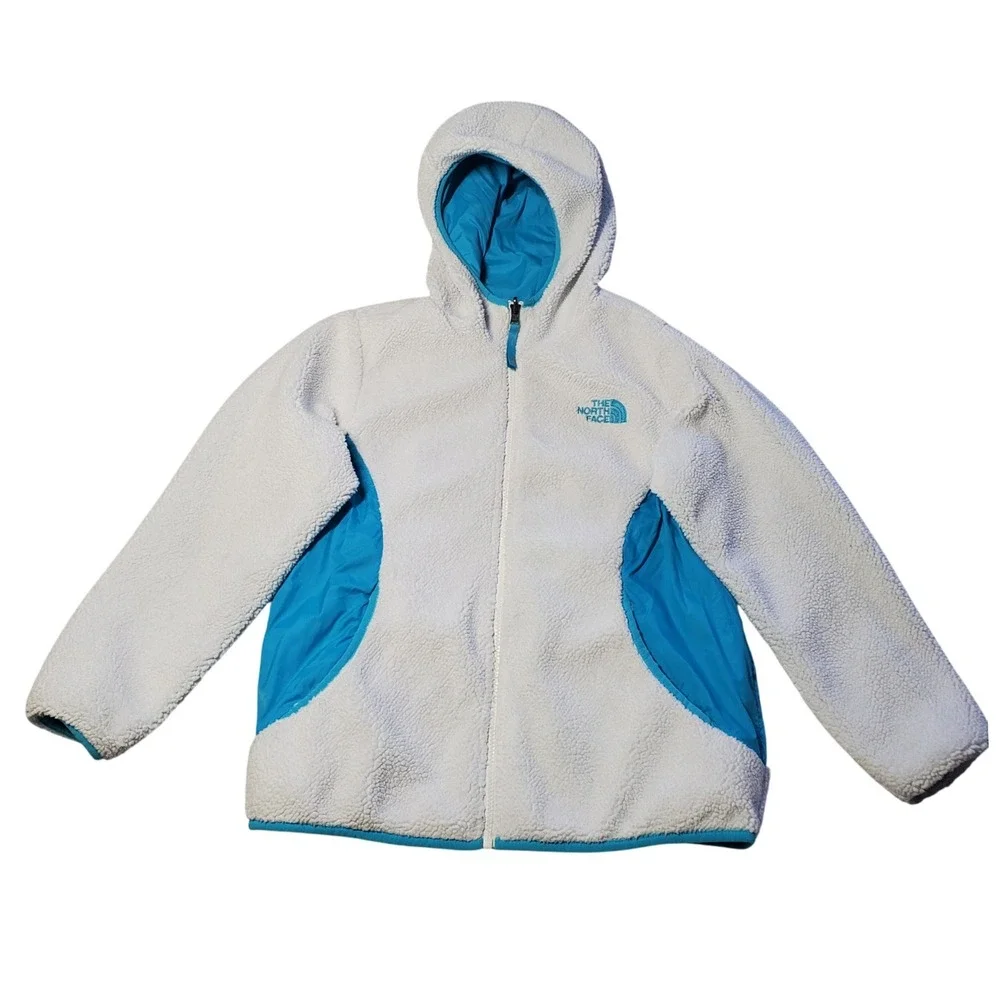The North Face Girls Reversible Fleece Hooded Jacket Girls Large 14/16 Turquoise